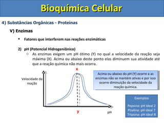 Bioquímica Celular
4) Substâncias Orgânicas - Proteínas

   V) Enzimas
           Fatores que interferem nas reações enzimáticas

       2) pH (Potencial Hidrogeniônico)
           o As enzimas exigem um pH ótimo (Y) no qual a velocidade da reação seja
               máxima (X). Acima ou abaixo deste ponto elas diminuem sua atividade até
               que a reação química não mais ocorra.
                                        x
                                                     Acima ou abaixo do pH (Y) ocorre a as
           Velocidade da                            enzimas não se mantém ativas e por isso
              reação                                  ocorre diminuição da velocidade da
                                                               reação química.


                                                                             Exemplos

                                                                        Pepsina: pH ideal 2
                                         y                              Ptialina: pH ideal 7
                                                             pH
                                                                        Tripsina: pH ideal 8
 