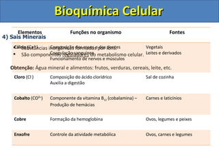 Bioquímica Celular
      Elementos               Funções no organismo                           Fontes
4) Sais Minerais
     Substâncias inorgânicas formadasepor íons.
    Cálcio (Ca2+)  Composição dos ossos dos dentes        Vegetais
     São componentes reguladores do metabolismo celular. Leites e derivados
                   Coagulação sanguínea
                     Funcionamento de nervos e músculos
   Obtenção: Água mineral e alimentos: frutos, verduras, cereais, leite, etc.
    Cloro (Cl-)      Composição do ácido clorídrico              Sal de cozinha
                     Auxilia a digestão


    Cobalto (CO²+)   Componente da vitamina B12 (cobalamina) –   Carnes e laticínios
                     Produção de hemácias

    Cobre            Formação da hemoglobina                     Ovos, legumes e peixes


    Enxofre          Controle da atividade metabólica            Ovos, carnes e legumes
 