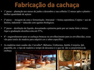 • 1º passo – plantação nos meses de junho a dezembro e sua colheita 12 meses após o plantio –
melhor quantidade de açúcar.
• 2º passo – moagem da cana e fermentação. Artesanal = forma espontânea; Caipira = uso de
farelos; industrial = induzido com agentes biológicos.
• 3º passo – destilação do líquido, descartando a primeira parte por ser muito forte e tóxico.
Aqui a graduação alcoólica esta em 57%,
• 4º - engarrafamento para as cachaças brancas ou envelhecimento para as envelhecidas, essas
vão para tonéis de madeira para adquirir cor e sabor específico.
• As madeiras mais usadas são: Carvalho*, Bálsamo, Umburana, Jatobá, Cerejeira, Ipê,
jequitibá, etc. o tipo de madeira e tempo de descanso é o que irá dar a característica da
cachaça.
 