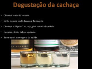 • Observar se não há resíduos.
• Sentir o aroma vindo da cana e da madeira.
• Observar a “lágrima” no copo, para ver sua oleosidade.
• Degustar e tentar definir o paladar.
• Tentar sentir o retro gosto da bebida.
 