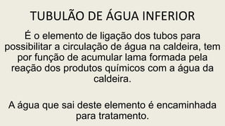 TUBULÃO DE ÁGUA INFERIOR
É o elemento de ligação dos tubos para
possibilitar a circulação de água na caldeira, tem
por função de acumular lama formada pela
reação dos produtos químicos com a água da
caldeira.
A água que sai deste elemento é encaminhada
para tratamento.
 