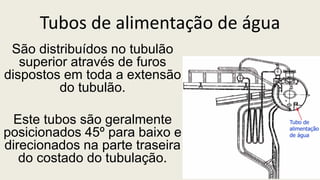 Tubos de alimentação de água
São distribuídos no tubulão
superior através de furos
dispostos em toda a extensão
do tubulão.
Este tubos são geralmente
posicionados 45º para baixo e
direcionados na parte traseira
do costado do tubulação.
 
