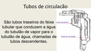 Tubos de circulação
São tubos traseiros do feixe
tubular que conduzem a água
do tubulão de vapor para o
tubulão de água, chamadas de
tubos descendentes.
 