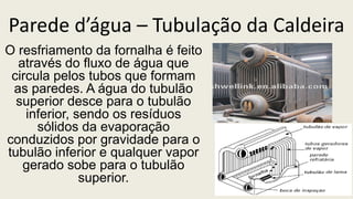 Parede d’água – Tubulação da Caldeira
O resfriamento da fornalha é feito
através do fluxo de água que
circula pelos tubos que formam
as paredes. A água do tubulão
superior desce para o tubulão
inferior, sendo os resíduos
sólidos da evaporação
conduzidos por gravidade para o
tubulão inferior e qualquer vapor
gerado sobe para o tubulão
superior.
 