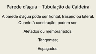 Parede d’água – Tubulação da Caldeira
A parede d’água pode ser frontal, traseiro ou lateral.
Quanto à construção, podem ser:
Aletados ou membranados;
Tangentes;
Espaçados.
 