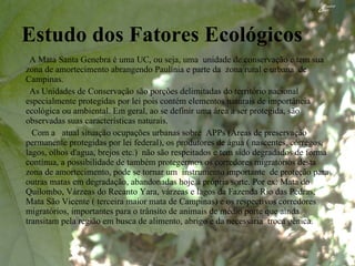 Estudo dos Fatores Ecológicos A Mata Santa Genebra é uma UC, ou seja, uma  unidade de conservação e tem sua zona de amortecimento abrangendo Paulínia e parte da  zona rural e urbana  de Campinas. As Unidades de Conservação são porções delimitadas do território nacional especialmente protegidas por lei pois contém elementos naturais de importância ecológica ou ambiental. Em geral, ao se definir uma área a ser protegida, são observadas suas características naturais. Com a   atual situação ocupações urbanas sobre  APPs (Áreas de preservação permanente protegidas por lei federal), os produtores de água ( nascentes, córregos, lagos, olhos d'agua, brejos etc.)  não são respeitados e tem sido degradados de forma contínua, a possibilidade de também protegermos os corredores migratórios desta zona de amortecimento, pode se tornar um  instrumento importante  de proteção para outras matas em degradação, abandonadas hoje à própria sorte. Por ex: Mata do Quilombo, Várzeas do Recanto Yara, várzeas e lagos da Fazenda Rio das Pedras, Mata São Vicente ( terceira maior mata de Campinas) e os respectivos corredores migratórios, importantes para o trânsito de animais de médio porte que ainda transitam pela região em busca de alimento, abrigo e da necessária  troca gênica. 