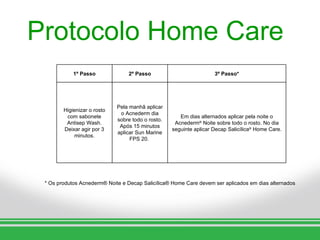 Protocolo Home Care
            1º Passo             2º Passo                           3º Passo*




                             Pela manhã aplicar
        Higienizar o rosto
                              o Acnederm dia
         com sabonete                                 Em dias alternados aplicar pela noite o
                             sobre todo o rosto.
         Antisep Wash.                              Acnederm® Noite sobre todo o rosto. No dia
                              Após 15 minutos
        Deixar agir por 3                          seguinte aplicar Decap Salicílica® Home Care.
                             aplicar Sun Marine
             minutos.
                                  FPS 20.




 * Os produtos Acnederm® Noite e Decap Salicílica® Home Care devem ser aplicados em dias alternados
 