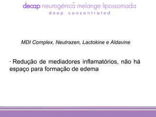 MDI Complex, Neutrazen, Lactokine e Aldavine


-Redução de mediadores inflamatórios, não há
espaço para formação de edema
 
