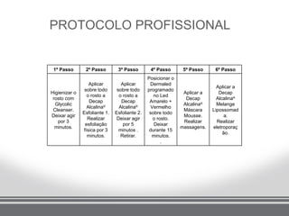 PROTOCOLO PROFISSIONAL


 1º Passo       2º Passo        3º Passo        4º Passo       5º Passo     6º Passo
                                               Posicionar o
                  Aplicar         Aplicar       Dermaled
                                                                             Aplicar a
                sobre todo      sobre todo     programado
Higienizar o                                                   Aplicar a      Decap
                 o rosto a       o rosto a        no Led
 rosto com                                                      Decap        Alcalina®
                  Decap           Decap         Amarelo +
  Glycolic                                                     Alcalina®     Melange
                 Alcalina®       Alcalina®      Vermelho
 Cleanser.                                                     Máscara     Lipossomad
               Esfoliante 1.   Esfoliante 2.    sobre todo
Deixar agir                                                    Mousse.           a.
                 Realizar       Deixar agir      o rosto.
   por 3                                                       Realizar      Realizar
                esfoliação         por 5          Deixar
  minutos.                                                    massagens.   eletroporaç
               física por 3      minutos .      durante 15
                                                                                ão.
                 minutos.         Retirar.       minutos.
                                                     .
 