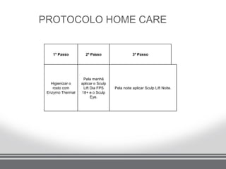 PROTOCOLO HOME CARE


    1º Passo        2º Passo                   3º Passo




                   Pela manhã
   Higienizar o   aplicar o Sculp
    rosto com      Lift Dia FPS     Pela noite aplicar Sculp Lift Noite.
 Enzymo Thermal   18+ e o Sculp
                        Eye.
 
