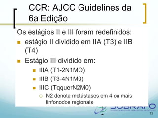 CCR: AJCC Guidelines da
   6a Edição
Os estágios II e III foram redefinidos:
  estágio II dividido em IIA (T3) e IIB
  (T4)
  Estágio III dividido em:
       IIIA (T1-2N1MO)
       IIIB (T3-4N1M0)
       IIIC (TqquerN2M0)
         N2 denota metástases em 4 ou mais
         linfonodos regionais
                                             13
 