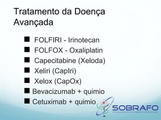 Tratamento da Doença
Avançada
    FOLFIRI - Irinotecan
    FOLFOX - Oxaliplatin
    Capecitabine (Xeloda)
    Xeliri (CapIri)
    Xelox (CapOx)
    Bevacizumab + quimio
    Cetuximab + quimio
 