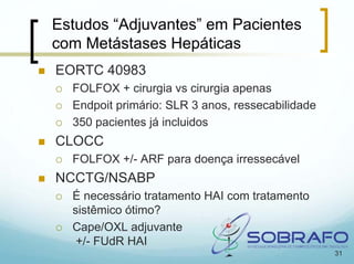 Estudos “Adjuvantes” em Pacientes
com Metástases Hepáticas
EORTC 40983
  FOLFOX + cirurgia vs cirurgia apenas
  Endpoit primário: SLR 3 anos, ressecabilidade
  350 pacientes já incluidos
CLOCC
  FOLFOX +/- ARF para doença irressecável
NCCTG/NSABP
  É necessário tratamento HAI com tratamento
  sistêmico ótimo?
  Cape/OXL adjuvante
   +/- FUdR HAI
                                                  31
 