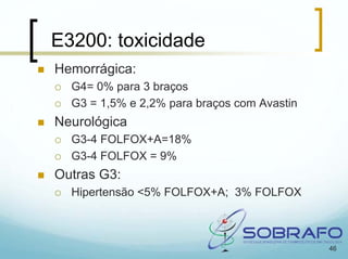 E3200: toxicidade
Hemorrágica:
  G4= 0% para 3 braços
  G3 = 1,5% e 2,2% para braços com Avastin
Neurológica
  G3-4 FOLFOX+A=18%
  G3-4 FOLFOX = 9%
Outras G3:
  Hipertensão <5% FOLFOX+A; 3% FOLFOX



                                             46
 