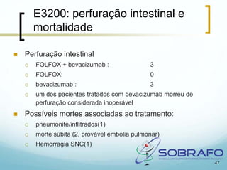 E3200: perfuração intestinal e
  mortalidade

Perfuração intestinal
   FOLFOX + bevacizumab :                 3
   FOLFOX:                                0
   bevacizumab :                          3
   um dos pacientes tratados com bevacizumab morreu de
   perfuração considerada inoperável
Possíveis mortes associadas ao tratamento:
   pneumonite/inflitrados(1)
   morte súbita (2, provável embolia pulmonar)
   Hemorragia SNC(1)

                                                         47
 
