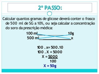 2º PASSO:
Calcular quantos gramas de glicose deverá conter o frasco
de 500 ml de SG a 10%, ou seja calcular a concentração
do soro da prescrição médica:
100 ml___ 10g
500 ml__ x
100 .x= 500.10
100 .X = 5000
X = 5000
100
X = 50g
 