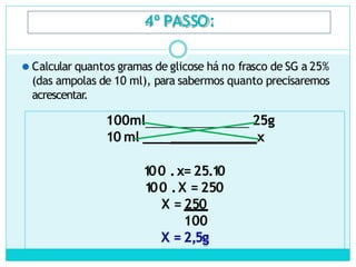 4º PASSO:
⚫ Calcular quantos gramas de glicose há no frasco de SG a 25%
(das ampolas de 10 ml), para sabermos quanto precisaremos
acrescentar.
100ml 25g
10 ml ____ x
1
00 .x= 25.1
0
100 .X = 250
X = 250
100
X = 2,5g
 