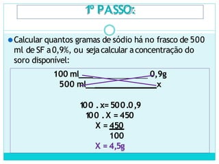 1
º PASSO:
⚫Calcular quantos gramas de sódio há no frasco de 500
ml de SF a0,9%, ou sejacalcular aconcentração do
soro disponível:
100 ml___ 0,9g
500 ml__ x
100 .x= 500.0,9
1
00 .X = 450
X = 450
100
X = 4,5g
 