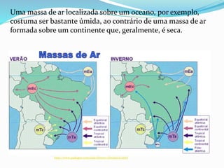http://www.padogeo.com/aula-fatores-climaticos.html
Uma massa de ar localizada sobre um oceano, por exemplo,
costuma ser bastante úmida, ao contrário de uma massa de ar
formada sobre um continente que, geralmente, é seca.
 