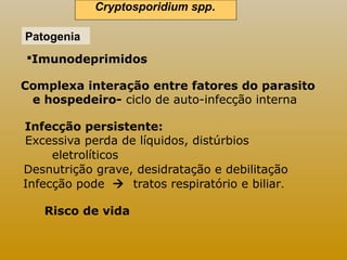 Cryptosporidium spp.. 
Patogenia 
Imunodeprimidos 
Complexa interação entre fatores do parasito 
e hospedeiro- ciclo de auto-infecção interna 
Infecção persistente: 
Excessiva perda de líquidos, distúrbios 
eletrolíticos 
Desnutrição grave, desidratação e debilitação 
Infecção pode  tratos respiratório e biliar. 
Risco de vida 
 