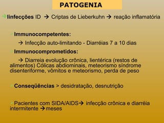 PATOGENIA 
Iinfecções ID  Criptas de Lieberkuhn  reação inflamatória 
Immunocompetentes:: 
 Infecção auto-limitando -- Diarréias 7 a 10 dias 
Immunocomprometidos: 
 Diarreia evolução crônica, lientérica (restos de 
alimentos) Cólicas abdiominais, meteorismo síndrome 
disenteriforme, vômitos e meteorismo, perda de peso 
Conseqüências > desidratação, desnutrição 
Pacientes com SIDA/AIDS infecção crônica e diarréia 
intermitente meses 
 