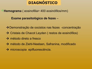 DIAGNÓSTICO 
Hemograma ( eosinofilia> 400 eosinófilos/mm) 
Exame parasitológico de fezes – 
Demonstração de oocistos nas fezes -concentração 
 Cristais de Chacot Leyden ( restos de eosinófilos) 
 método direto a fresco 
 método de Ziehl-Neelsen, Safranina, modificado 
 microscopia epifluorescência. 
 