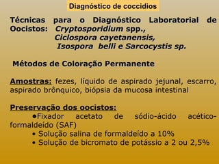 Diagnóstico de coccidios 
Técnicas para o Diagnóstico LLaabboorraattoorriiaall ddee 
OOoocciissttooss:: CCrryyppttoossppoorriiddiiuumm sspppp..,, 
CCiicclloossppoorraa ccaayyeettaanneennssiiss,, 
IIssoossppoorraa bbeellllii ee SSaarrccooccyyssttiiss sspp.. 
MMééttooddooss ddee CCoolloorraaççããoo PPeerrmmaanneennttee 
Amostras: fezes, líquido de aspirado jejunal, escarro, 
aspirado brônquico, biópsia da mucosa intestinal 
Preservação dos oocistos: 
•Fixador acetato de sódio-ácido acético-formaldeído 
(SAF) 
• Solução salina de formaldeído a 10% 
• Solução de bicromato de potássio a 2 ou 2,5% 
 