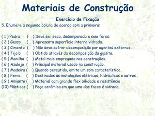 Materiais de Construção
Exercício de Fixação
5. Enumere a segunda coluna de acordo com a primeira:
( 1 ) Pedra
( ) Deve ser seca, desempenada e sem furos.
( 2 ) Gesso ( ) Apresenta superfície interna vidrada.
( 3 ) Cimento ( ) Não deve sofrer decomposição por agentes externos.
( 4 ) Tijolo ( ) Obtido através da decomposição da gipsita.
( 5 ) Manilha ( ) Metal mais empregado nas construções.
( 6 ) Azulejo ( ) Principal material usado na construção.
( 7 ) Madeira ( ) Quando percutido, emite um som característico.
( 8 ) Ferro ( ) Destinados às instalações elétricas, hidráulicas e outros .
( 9 ) Amianto ( ) Material com grande flexibilidade e resistência
(10) Plásticos ( ) Peça cerâmica em que uma das faces é vidrada.

 