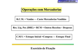 R.C.M. = Vendas — Custo Mercadorias Vendidas
C.M.V. = Estoque Inicial +Compras — Estoque Final
CONTABILIDADE
Operações com Mercadorias
Res. Líq. Per. (DRE) = RCM + Outras Receitas - Despesas
Exercício de Fixação
 
