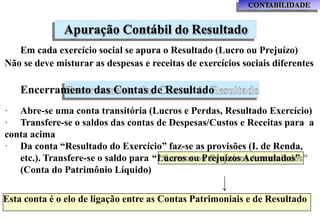 Apuração Contábil do Resultado
Em cada exercício social se apura o Resultado (Lucro ou Prejuízo)
Não se deve misturar as despesas e receitas de exercícios sociais diferentes
Encerramento das Contas de Resultado
· Abre-se uma conta transitória (Lucros e Perdas, Resultado Exercício)
· Transfere-se o saldos das contas de Despesas/Custos e Receitas para a
conta acima
· Da conta “Resultado do Exercício” faz-se as provisões (I. de Renda,
etc.). Transfere-se o saldo para “Lucros ou Prejuízos Acumulados”
(Conta do Patrimônio Líquido)
Esta conta é o elo de ligação entre as Contas Patrimoniais e de Resultado
CONTABILIDADE
 