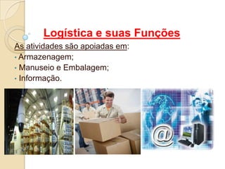 Logística e suas Funções
As atividades são apoiadas em:
• Armazenagem;
• Manuseio e Embalagem;
• Informação.
 