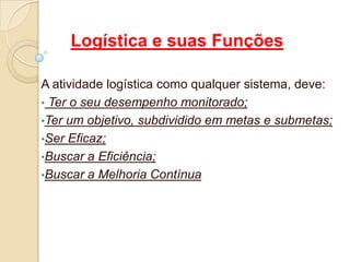 Logística e suas Funções
A atividade logística como qualquer sistema, deve:
• Ter o seu desempenho monitorado;
•Ter um objetivo, subdividido em metas e submetas;
•Ser Eficaz;
•Buscar a Eficiência;
•Buscar a Melhoria Contínua
 