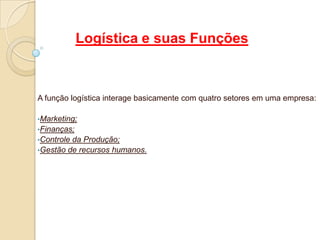 Logística e suas Funções
A função logística interage basicamente com quatro setores em uma empresa:
•Marketing;
•Finanças;
•Controle da Produção;
•Gestão de recursos humanos.
 