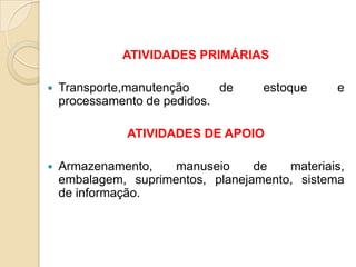 ATIVIDADES PRIMÁRIAS
 Transporte,manutenção de estoque e
processamento de pedidos.
ATIVIDADES DE APOIO
 Armazenamento, manuseio de materiais,
embalagem, suprimentos, planejamento, sistema
de informação.
 