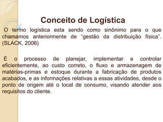 Conceito de Logística
O termo logística esta sendo como sinônimo para o que
chamamos anteriormente de “gestão da distribuição física”.
(SLACK, 2006)
É o processo de planejar, implementar e controlar
eficientemente, ao custo correto, o fluxo e armazenagem de
matérias-primas e estoque durante a fabricação de produtos
acabados, e as informações relativas a essas atividades, desde o
ponto de origem até o local de consumo, visando atender aos
requisitos do cliente.
 