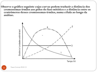 Observe o gráfico seguinte cujas curvas podem traduzir a distância dos
cromossomas-irmãos aos pólos do fuso mitótico e a distância entre os
centrómeros desses cromossomas-irmãos, numa célula ao longo da
anáfase.
12 Nuno Correia 2010/11
 