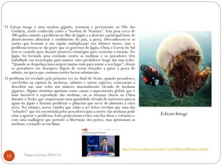 O Echizen kurage é uma medusa gigante, venenosa e pertencente ao Filo dos
Cnidária, sendo conhecida como a "medusa de Nomura". Esta pesa cerca de
200 quilos estando a proliferar no Mar do Japão e a destruir a principal fonte de
abastecimento alimentar e rendimento do país, a pesca. Desconhecem-se as
razões que levaram à sua rápida multiplicação nos últimos meses, mas o
problema tornou-se tão grave que os governos do Japão, China e Coreia do Sul
têm-se reunido para discutir possíveis estratégias para controlar a invasão. No
Japão foi formada uma comissão contra as medusas e os pescadores têm
trabalhado em tecnologias para manter estes predadores longe das suas redes.
"Quando se despedaça uma surgem muitas mais para tomar o seu lugar", dizem
os pescadores em desespero depois de serem forçados a parar a pesca do
salmão, na época que costuma render lucros substanciais.
O problema foi revelado pela primeira vez no final do Verão, quando pescadores,
envolvidos na captura de anchovas, salmões e outras espécies, começaram a
descobrir nas suas redes um número anormalmente elevado de medusas
gigantes. Alguns cientistas apontam como causas o aquecimento global, que é
mais favorável à reprodução das medusas, ou as intensas chuvas na China
durante o Verão, que empurraram uma quantidade elevada de nutrientes para as
águas do Japão e fizeram proliferar o plâncton que serve de alimento a estes
seres. No entanto, novos estudos que estão a ser feitos revelam que uma das
"soluções" que foi encontrada pelos pescadores para a morte das medusas pode
estar a agravar o problema. Estes projectaram redes com fios finos e cortantes e
com uma malhagem que permite a libertação dos peixes, mas aprisionam as
medusas, cortando-as em fatias.
15 Nuno Correia 2010/11
Echizen kurage
http://www.youtube.com/watch?v=yaC4Mietew0&feature=related
 