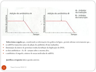 Selecciona a opção que, considerando as informações dos gráficos da figura , permite afirmar correctamente que...
 os mRNAs transcritos antes da adição do antibiótico B são traduzidos.
 diminuição da síntese de proteínas resulta da inibição da duplicação do DNA.
 os dois antibióticos -A e B - actuam sobre o mesmo alvo.
 o antibióticoA impede a síntese de novas moléculas de mRNA.
Justifica a resposta dada à questão anterior.
3 Nuno Correia 2010/11
 