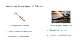 Vantagens e Desvantagens do Oxicorte
● Simplicidade e facilidade de uso
● Custo baixo e portabilidade
● Baixa precisão em cortes
● Limitado a materiais ferrosos
Vantagens do Oxicorte Desvantagens do Oxicorte
 