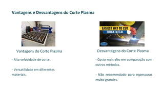 Vantagens e Desvantagens do Corte Plasma
- Alta velocidade de corte.
- Versatilidade em diferentes
materiais.
- Custo mais alto em comparação com
outros métodos.
- Não recomendado para espessuras
muito grandes.
Vantagens do Corte Plasma Desvantagens do Corte Plasma
 