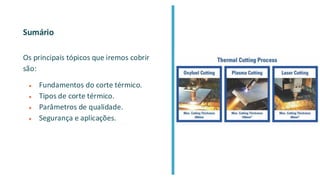Sumário
Os principais tópicos que iremos cobrir
são:
● Fundamentos do corte térmico.
● Tipos de corte térmico.
● Parâmetros de qualidade.
● Segurança e aplicações.
 