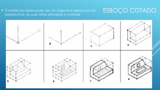 ESBOÇO COTADO
 Consiste na observação de um objecto e esboça-lo em
perspectiva, as suas vistas principais e cotá-las
 