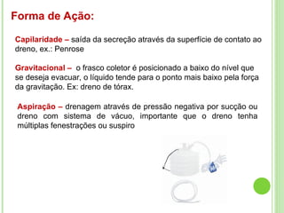 Forma de Ação:
Capilaridade – saída da secreção através da superfície de contato ao
dreno, ex.: Penrose
Gravitacional – o frasco coletor é posicionado a baixo do nível que
se deseja evacuar, o líquido tende para o ponto mais baixo pela força
da gravitação. Ex: dreno de tórax.
Aspiração – drenagem através de pressão negativa por sucção ou
dreno com sistema de vácuo, importante que o dreno tenha
múltiplas fenestrações ou suspiro
 