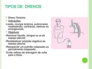 TIPOS DE DRENOS
 Dreno Torácico
 Indicações
-Lesão, cirurgia torácica, pulmonares,
mediastinais, cardíacas, eletivas ou
emergenciais.
 Objetivos
-Remover líquido, sangue ou ar do
espaço pleural;
-Restabelecer pressão negativa ao
espaço pleural;
-Reexpandir um pulmão colapsado ou
parcialmente colapsado;
-Evitar refluxo de drenagem de volta
para o tórax.
 