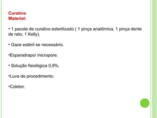 Curativo
Material:
• 1 pacote de curativo esterilizado ( 1 pinça anatômica, 1 pinça dente
de rato, 1 Kelly).
• Gaze estéril se necessário.
•Esparadrapo/ micropore.
• Solução fisiológica 0,9%.
•Luva de procedimento.
•Coletor.
 