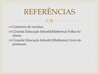 REFERÊNCIAS 
 
 Cadernos de receitas; 
 Ciranda Educação Infantil(Mathema) Folha do 
aluno; 
 Ciranda Educação Infantil (Mathema) Livro do 
professor. 
 
