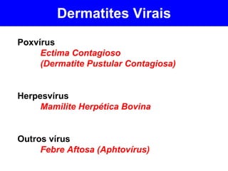 Dermatites Virais Poxvírus Ectima Contagioso (Dermatite Pustular Contagiosa) Herpesvírus Mamilite Herpética Bovina Outros vírus Febre Aftosa (Aphtovírus) 