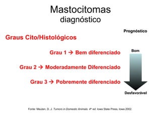 Mastocitomas diagnóstico Graus Cito/Histológicos Grau 1    Bem diferenciado Grau 2    Moderadamente Diferenciado Grau 3    Pobremente diferenciado Prognóstico Fonte:  Meuten, D. J.  Tumors in Domestic Animals. 4 th  ed . Iowa State Press, Iowa 2002.  Bom Desfavorável 
