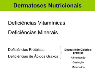 Dermatoses Nutricionais Deficiências Vitamínicas Deficiências Minerais Deficiências Protéicas Deficiências de Ácidos Graxos Desnutrição Calorico-proteíca Alimentação Gestação Metabolico 
