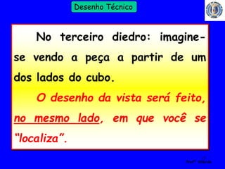 13 
Profº Villardo 
Desenho Técnico 
No terceiro diedro: imagine-se 
vendo a peça a partir de um 
dos lados do cubo. 
O desenho da vista será feito, 
no mesmo lado, em que você se 
“localiza”. 
 